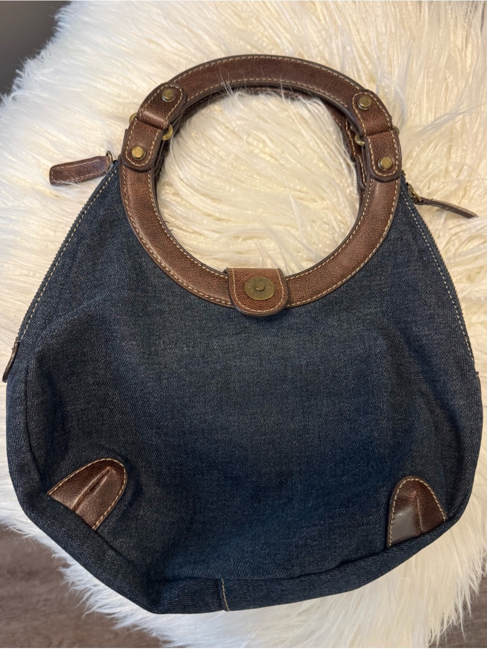 Nine West Dark Denim Shoulder Bag with Brown Leather Trim